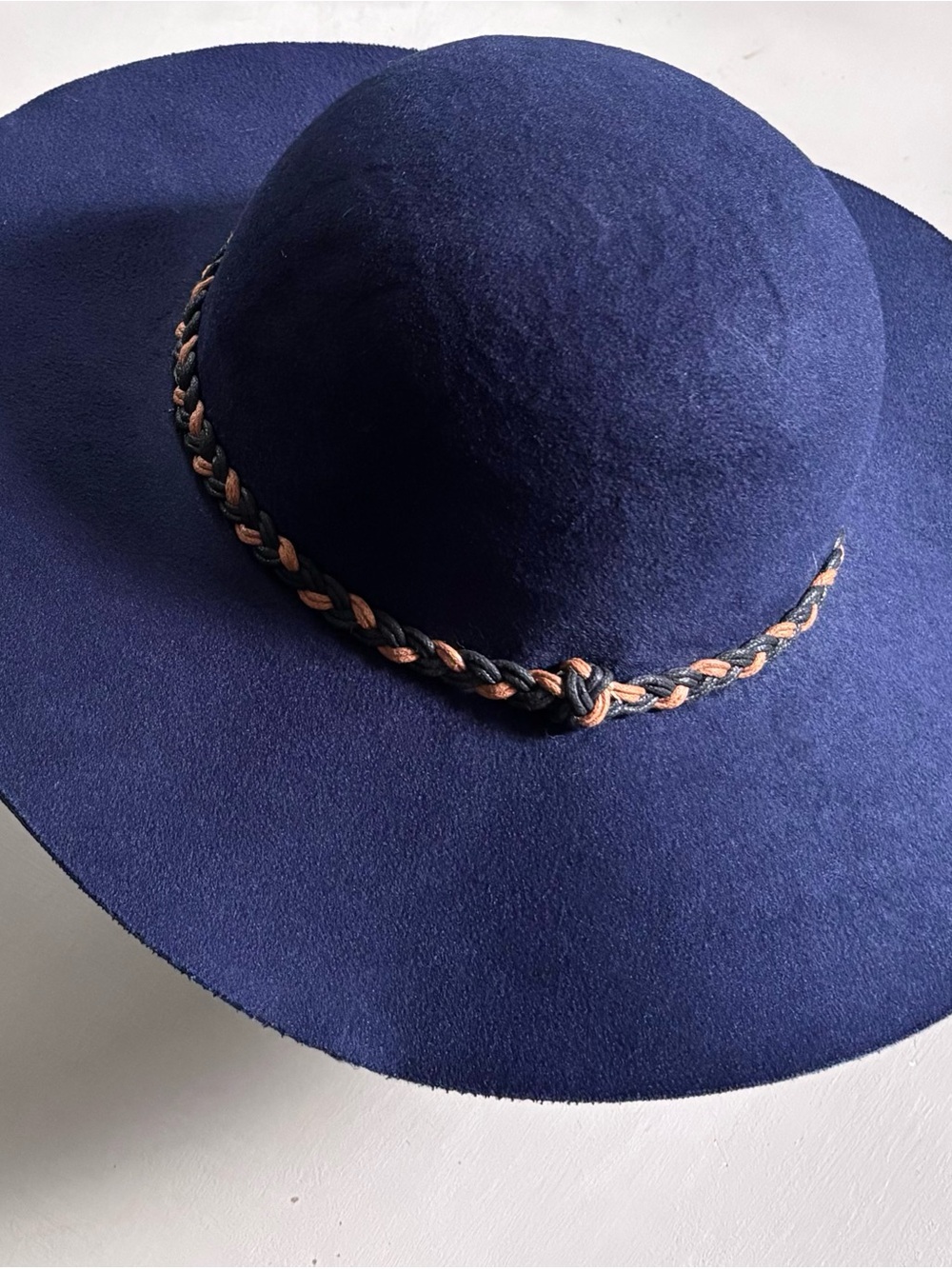 Soft Rounded Crown Floppy Wide Brim Felted Wool Hat Braided Robe Trim